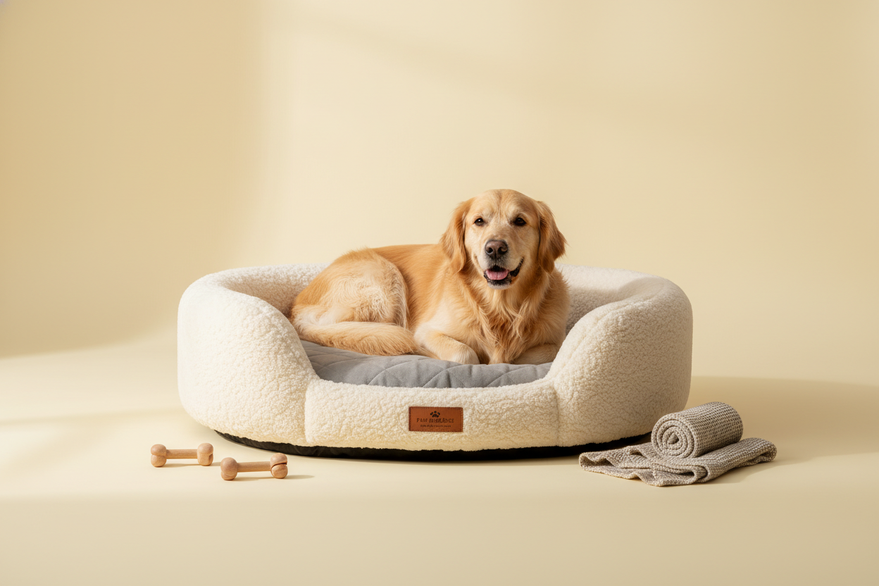 Собака сидящая в лежанке изображение к коллекции лежанок в магазин 